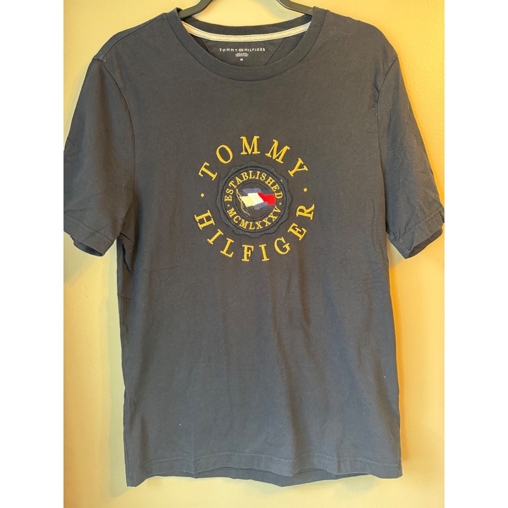 Tommy Hilfiger Mens Navy Blue Embroidered Crest Logo T-Shirt Size M MCMLXXXV
